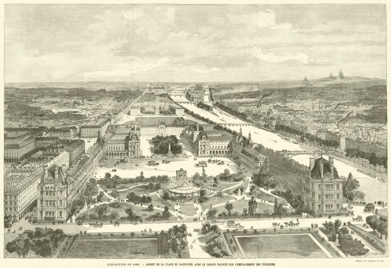 Wystawa z 1889 r. Aspekt Place du Carrousel z projektowanym ogrodem na terenie Tuileries (rycina) autorstwa French School