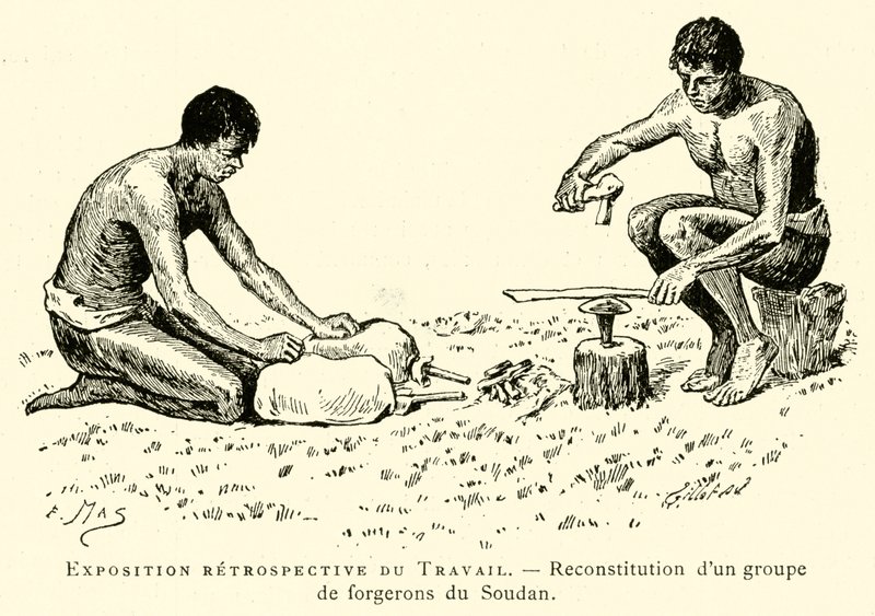 Retrospektywna wystawa Pracy, rekonstrukcja grupy kowali z Sudanu (grafika) autorstwa French School