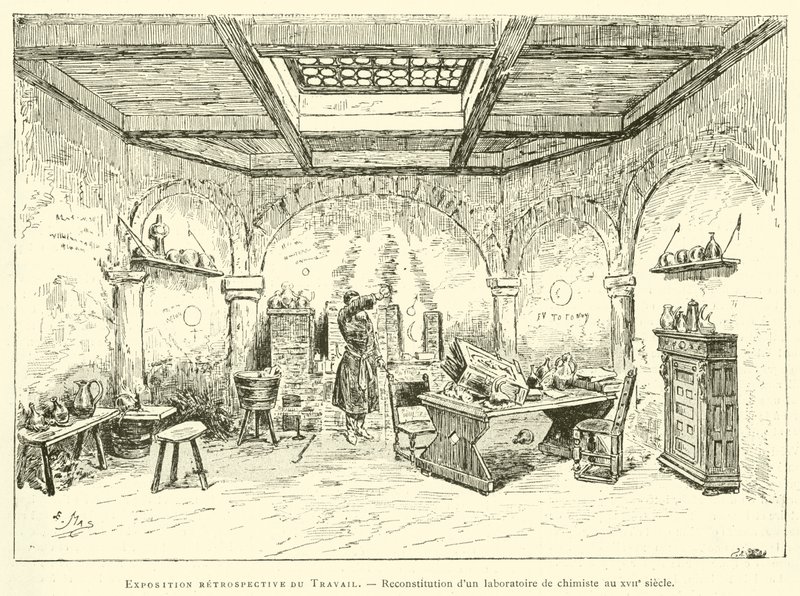 Retrospektywna wystawa Pracy, rekonstrukcja laboratorium aptekarza w XVII w. (grafika) autorstwa French School