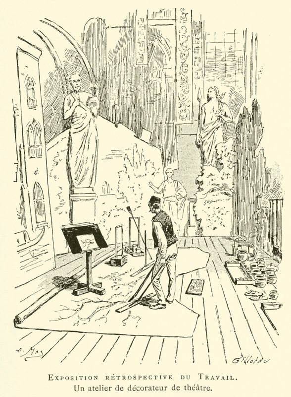 Retrospektywna wystawa Pracy, pracownia dekoratora teatralnego (grafika) autorstwa French School