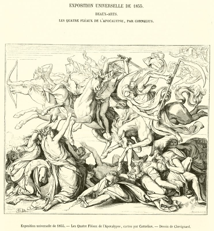 Wystawa Powszechna z 1855 r. Cztery Plagi Apokalipsy (rycina) autorstwa French School