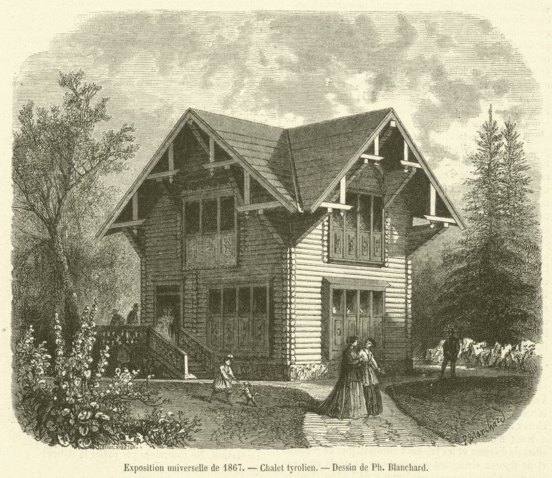 Wystawa powszechna 1867, tyrolska chata (rycina) autorstwa French School