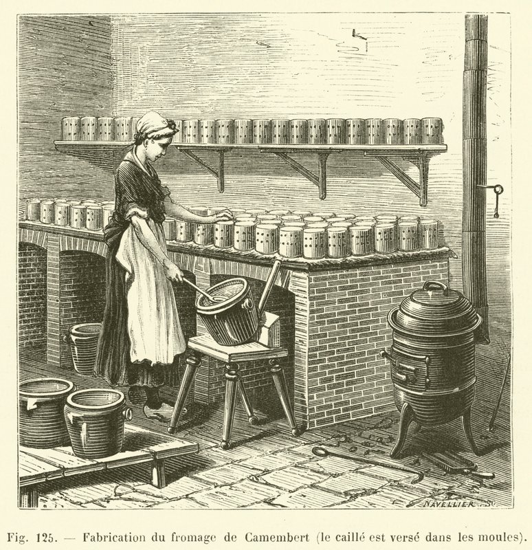 Produkcja sera Camembert, przepiórka wlewana jest do foremek (grawerowanie) autorstwa French School