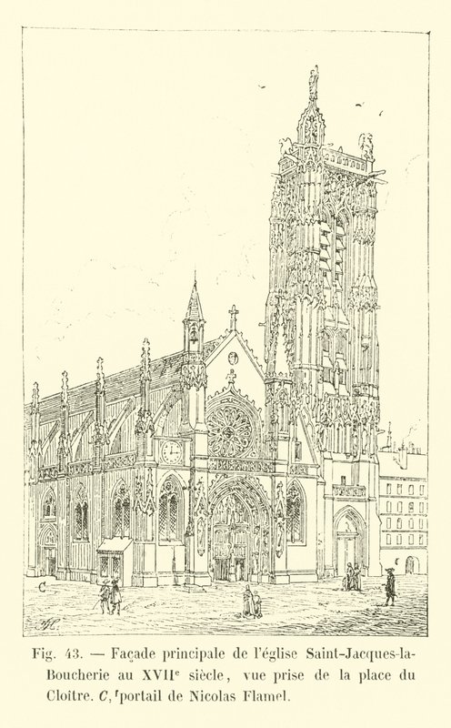 Fasada główna kościoła Saint-Jacques-la-Boucherie z XVII wieku, widok z Place du Cloitre, portal Nicolas Flamel autorstwa French School