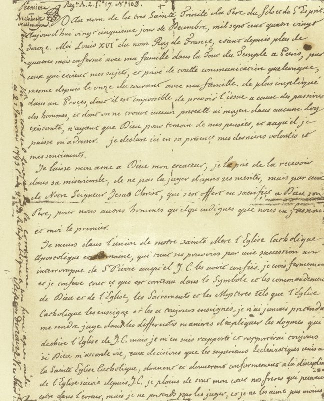Faksymile woli Ludwika XVI z Francji autorstwa French School