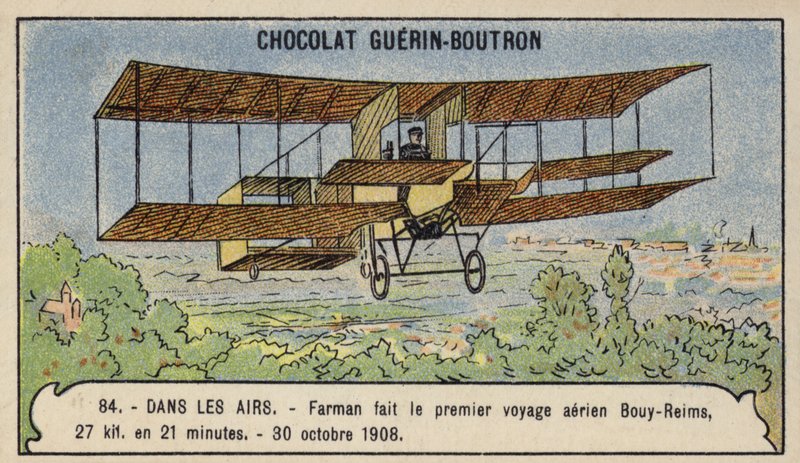 Farman wykonuje pierwszy przelot samolotem w Europie, z Bouy do Reims we Francji, 30 października 1908 (chromolitho) autorstwa French School