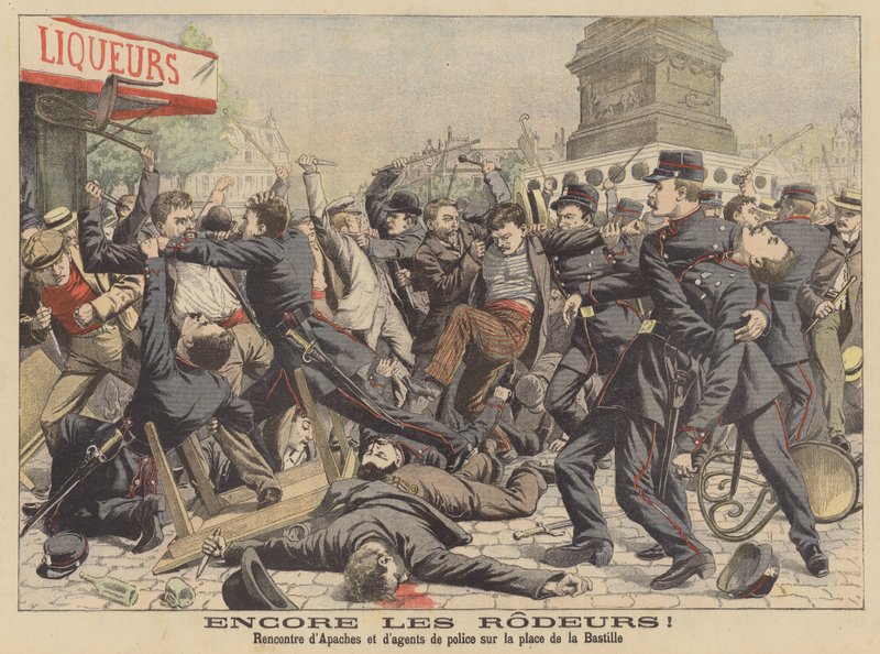 Walka między Apaczami a policją na Place de la Bastille w Paryżu (kolorowa litografia) autorstwa French School