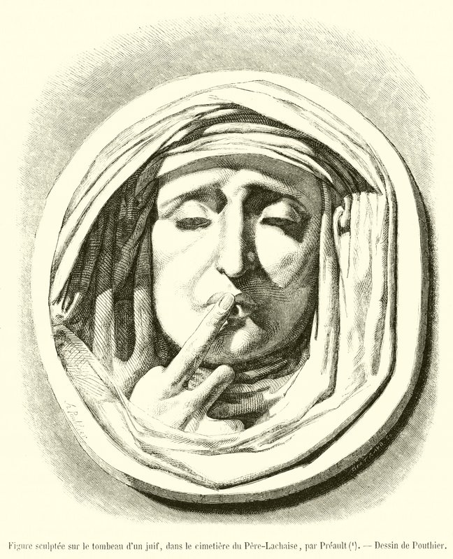 Figura wyrzeźbiona na nagrobku Żyda na cmentarzu Pere-Lachaise (rycina) autorstwa French School