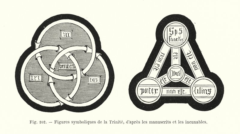 Symboliczne postacie Trójcy Świętej z rękopisów i inkunabułów (rycina) autorstwa French School