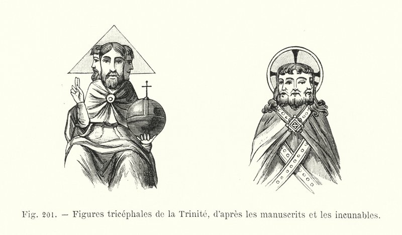 Trójgłowe figury Trójcy, z rękopisów i inkunabułów (rycina) autorstwa French School