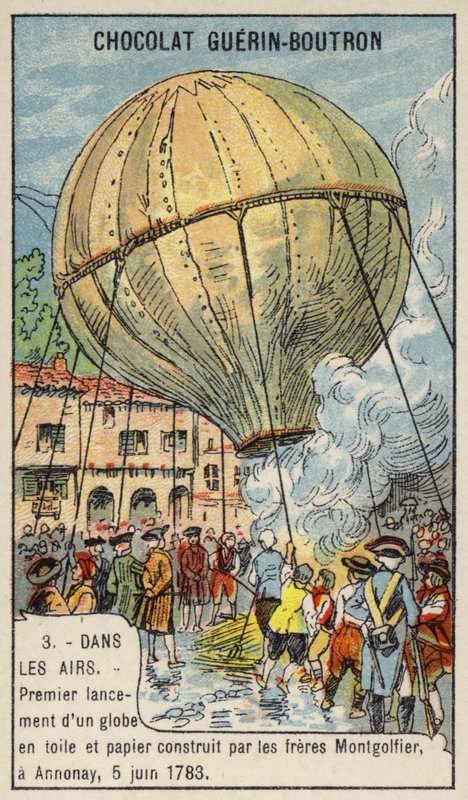Pierwsze wystrzelenie balonu na ogrzane powietrze przez braci Montgolfier, Annonay, Francja, 5 czerwca 1783 (chromolitho) autorstwa French School