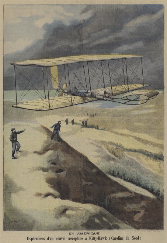 Lot samolotu braci Wright w Kitty Hawk w Północnej Karolinie (kolor lito) autorstwa French School