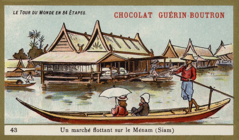 Pływający targ na rzece Menam, Siam (chromolitho) autorstwa French School