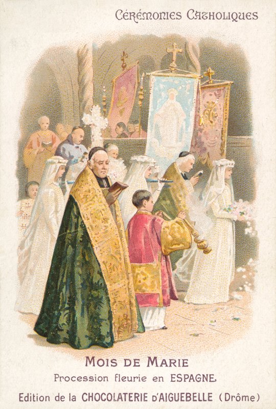 Procesja kwiatowa ku czci Marii Panny w maju, Hiszpania (chromolitho) autorstwa French School