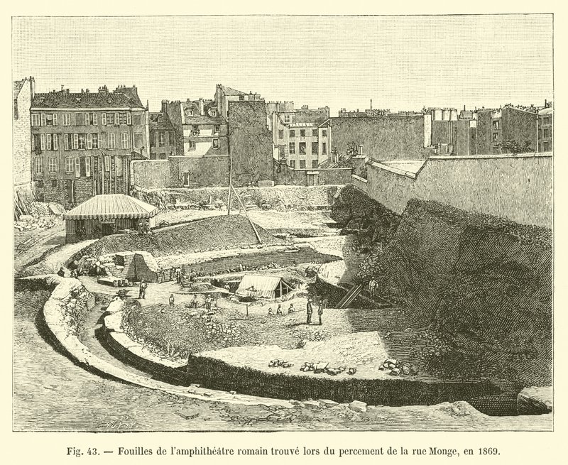 Wykopaliska rzymskiego lampitheatera znalezionego podczas kopania rue Monge w 1869 r. autorstwa French School