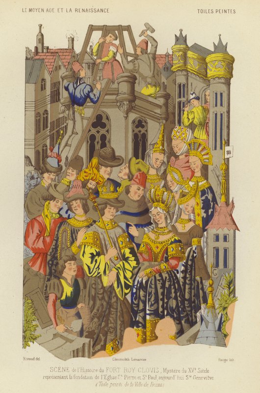 Założenie opactwa św Genevieve, Paryż, za panowania Clovis, króla Franków (chromolitho) autorstwa French School