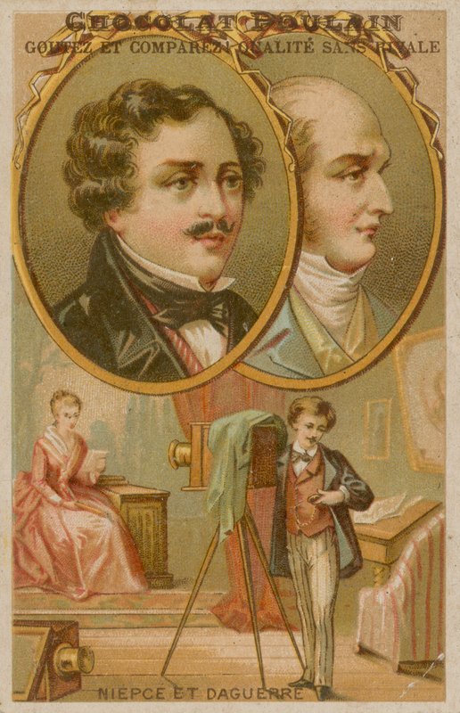 Założyciele fotografii Niepce i Daguerre z fotografem autorstwa French School