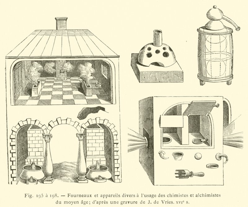 Piece i różne urządzenia do użytku chemików i alchemików średniowiecza (rytownictwo) autorstwa French School