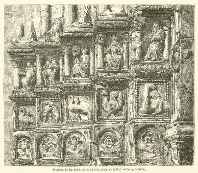 Fragment płaskorzeźby z portalu katedry Sens (rycina) autorstwa French School