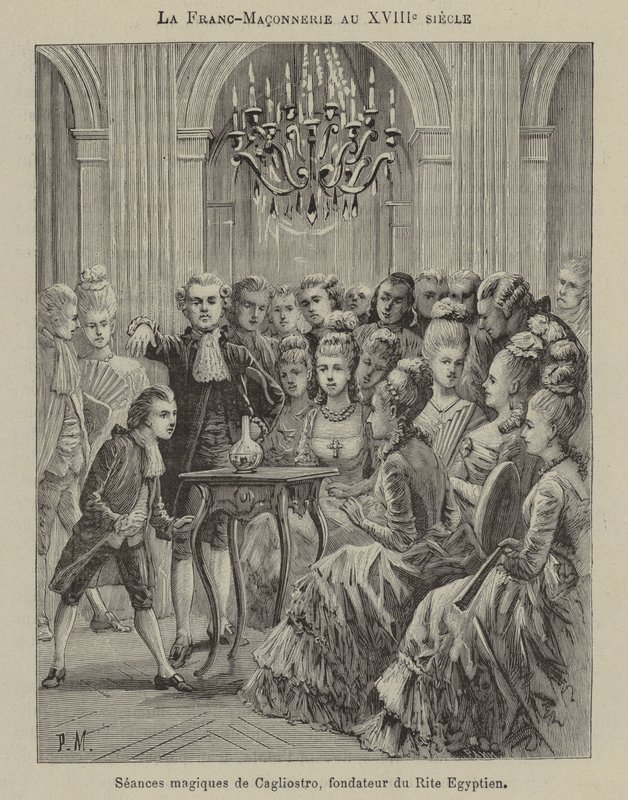 Masoneria w XVIII wieku: seans magiczny prowadzony przez Aleesandro Cagliostro, założyciela rytu egipskiego (ryty) autorstwa French School