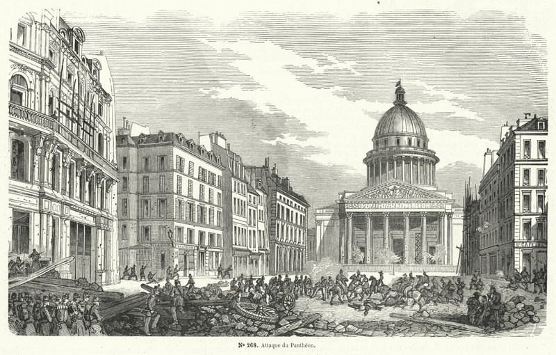 Oddziały armii francuskiej atakujące powstańców okupujących Panteon, Paryż, 24 czerwca 1848 (rycina) autorstwa French School