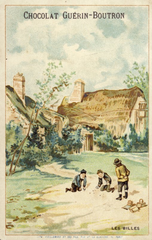 Francuskie dzieci bawiące się w kulki przed domkiem (chromolitho) autorstwa French School
