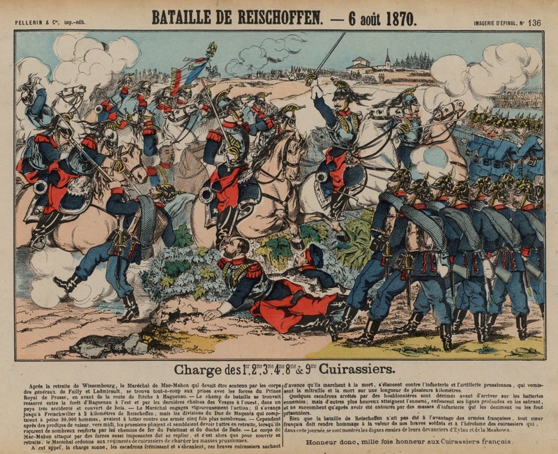 Francuscy kirasjerzy ładujący pruską piechotę w bitwie pod Reichshoffen, wojna francusko-pruska, 6 sierpnia 1870 (kolorowe grawerowanie) autorstwa French School