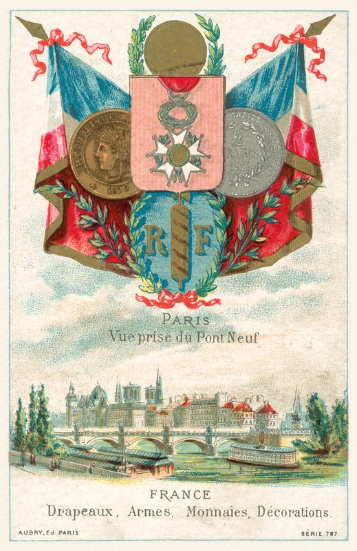 Francuskie flagi, herby, monety i dekoracje oraz widok na Paryż z mostu Pont Neuf (chromolitho) autorstwa French School