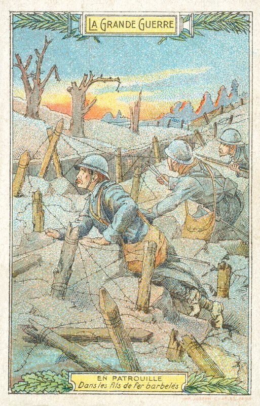 Francuski patrol wśród drutu kolczastego, I wojna światowa (chromolitho) autorstwa French School