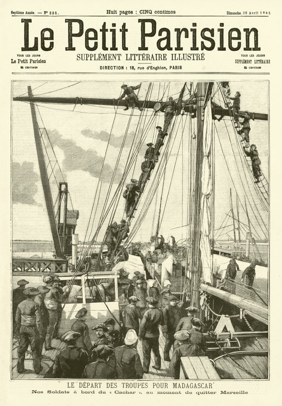 Żołnierze francuscy wyjeżdżający z Marsylii na Madagaskar (rycina) autorstwa French School
