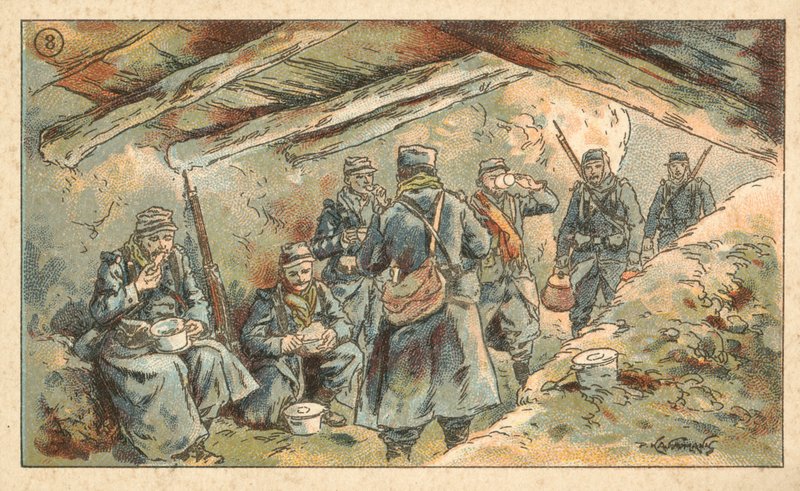 Żołnierze francuscy jedzący w ziemiance, I wojna światowa (chromolitho) autorstwa French School