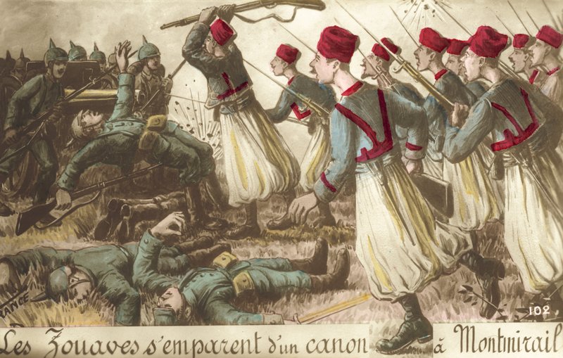 Francuskie zouaves chwytające niemiecką artylerię pod Montmirail, I wojna światowa (kolor lito) autorstwa French School