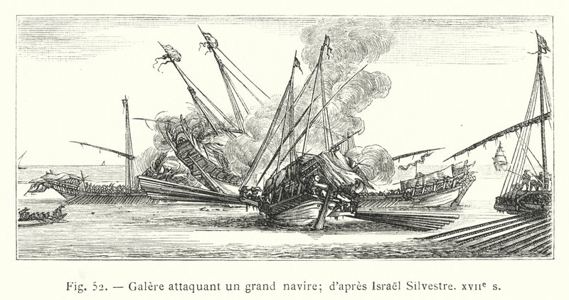 Galera atakująca duży statek; wg Israel Silvestre, XVII w. (rycina) autorstwa French School