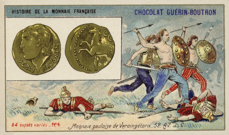 Galijskie monety Wercyngetoryksa, 52 pne (chromolitho) autorstwa French School
