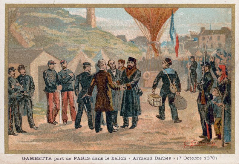 Gambetta opuszcza Paryż w balonie na ogrzane powietrze Armand-Barbes autorstwa French School