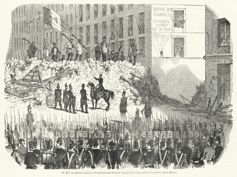 Generał Lamoriciere negocjuje z uzbrojonymi robotnikami broniącymi swojej barykady przed koszarami Saint Martin, Paryż, 23 czerwca 1848 (rycina) autorstwa French School