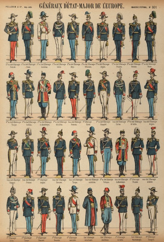 Oficerowie sztabu generalnego i mundury armii z całego świata (kolorowe grawerowanie) autorstwa French School