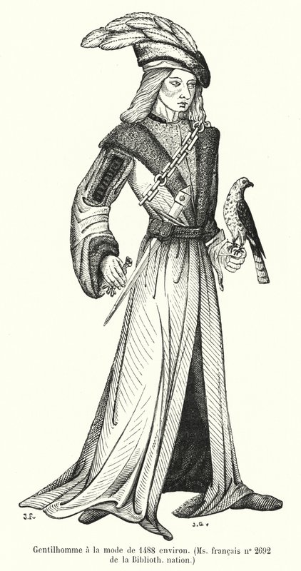Modny dżentelmen z około 1488 roku (rycina) autorstwa French School