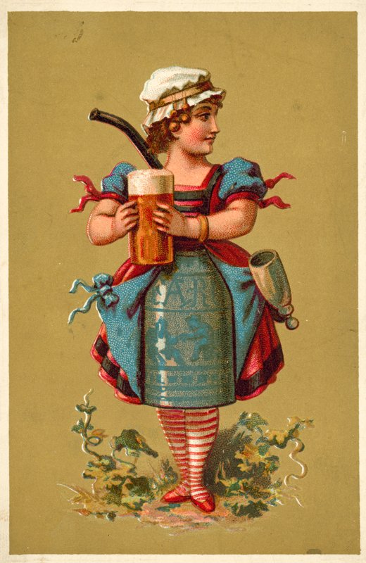 Dziewczyna trzymająca dużą szklankę piwa (chromolitho) autorstwa French School