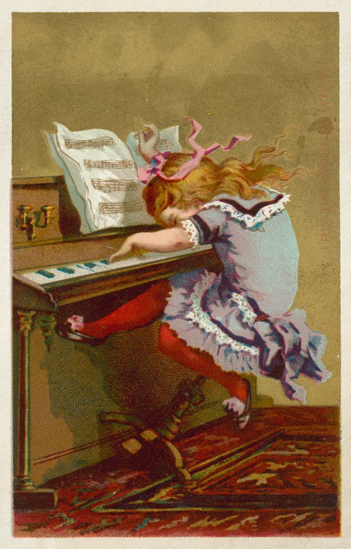 Dziewczyna grająca na pianinie (chromolitho) autorstwa French School
