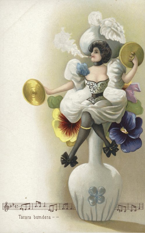 Dziewczyna siedząca na wazonie, paląca i grająca na cymbałach (chromolitho) autorstwa French School