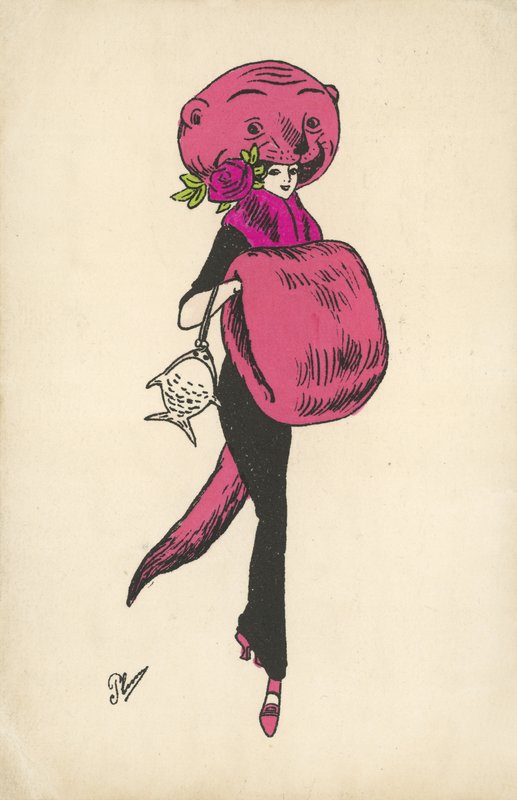 Dziewczyna w dziwnym zwierzęcym futrze (kolor litho) autorstwa French School