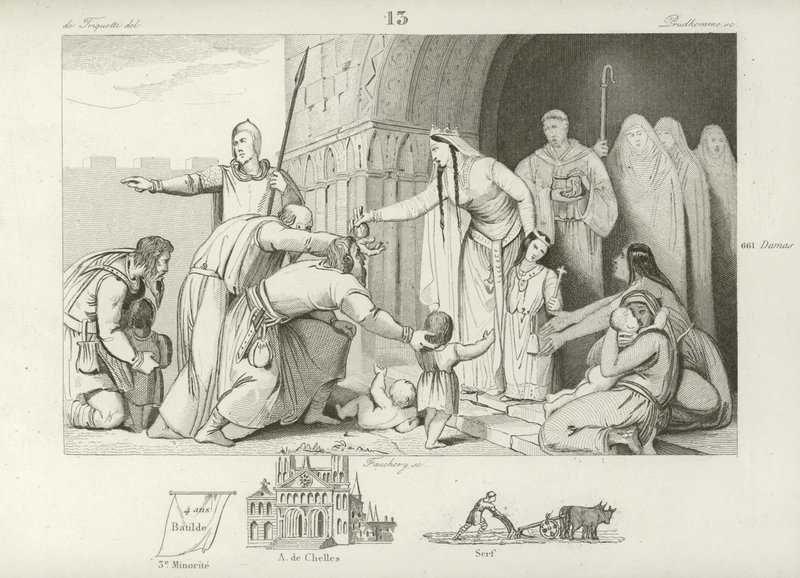 Dawanie jałmużny biednym, panowanie Chlothara III, króla Neustrii i Burgundii, VII w. autorstwa French School