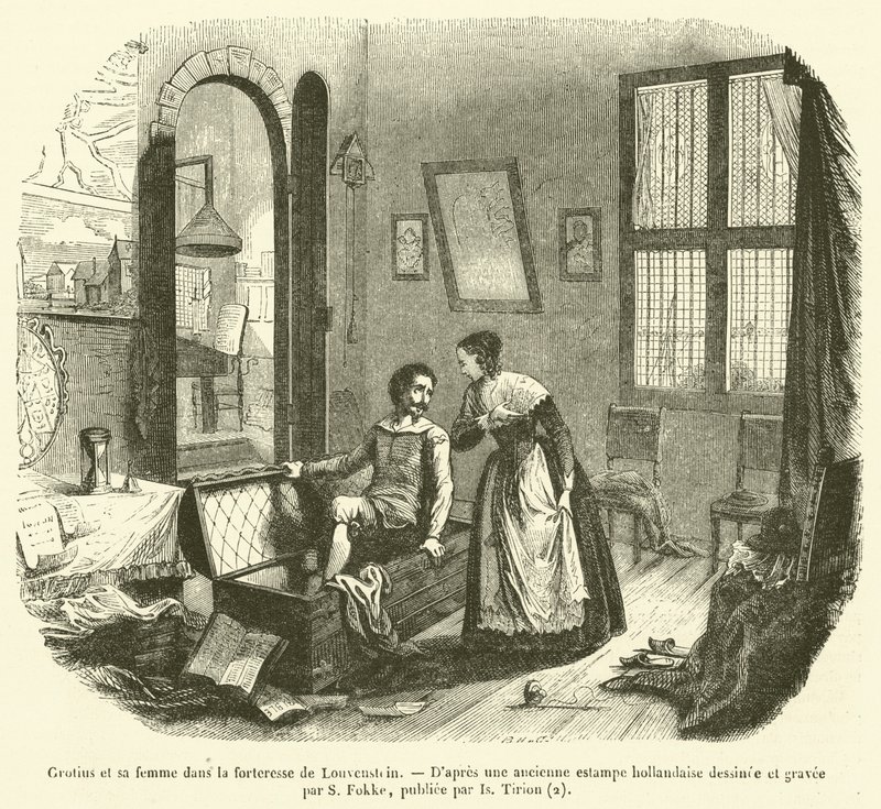Grotius i jego żona w twierdzy Louvenstein (rycina) autorstwa French School