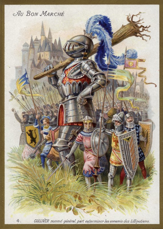 Guliwer, mianowany generałem, wyrusza na eksterminację wrogów Lilliputów (chromolitho) autorstwa French School