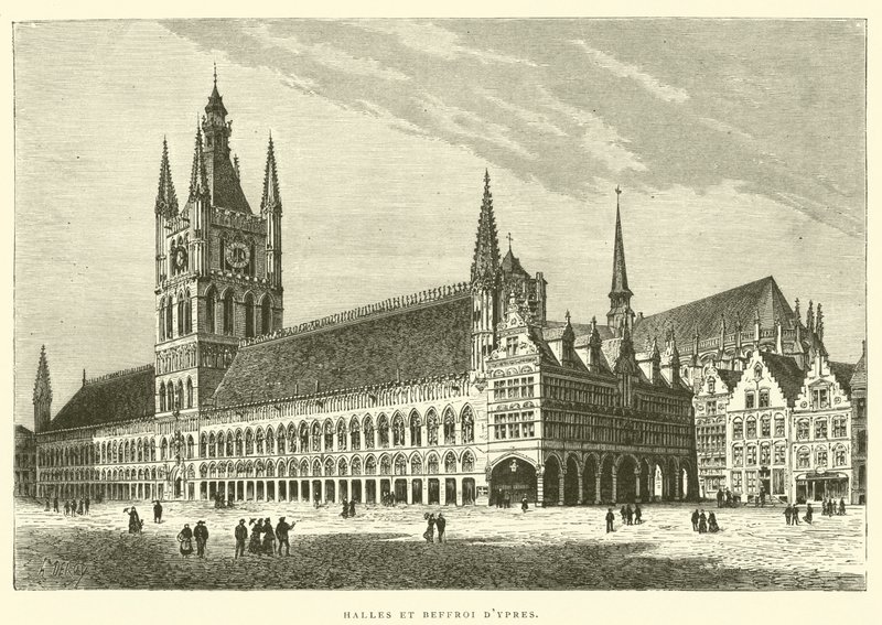 Hale i Dzwonnica Ypres (grawerowanie) autorstwa French School