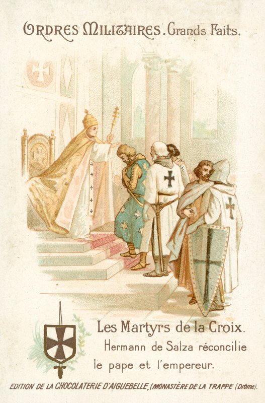 Hermann von Salza, wielki mistrz krzyżacki, doprowadza do pojednania papieża Grzegorza IX z cesarzem Fryderykiem II autorstwa French School