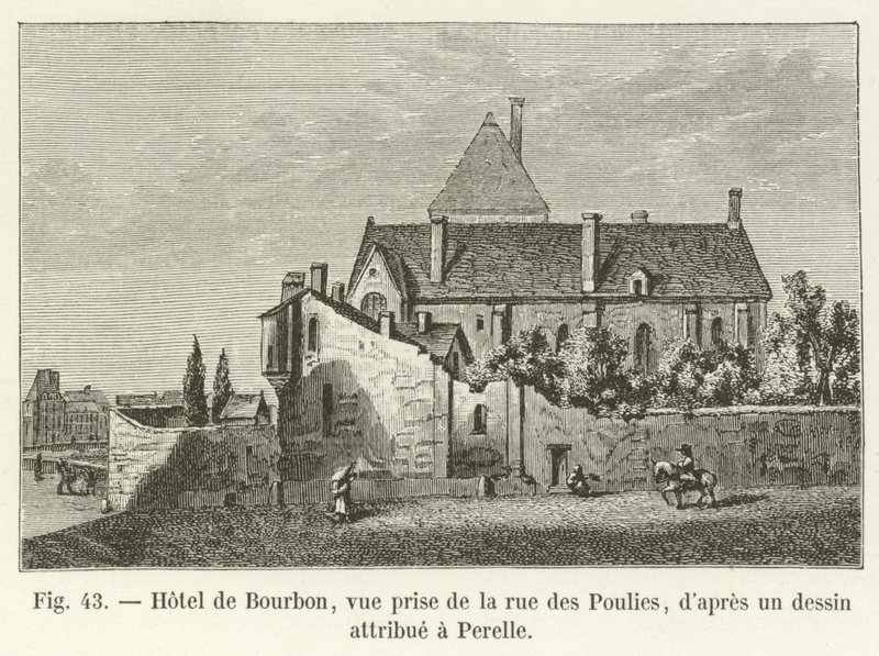 Hôtel de Bourbon, widok z rue des Poulies, według rysunku przypisywanego Perelle autorstwa French School