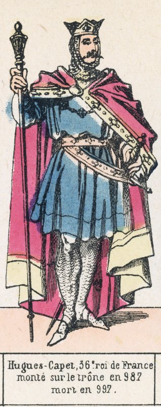 Hugues-Capet, 36 król Francji, wstąpił na tron ​​w 987, zmarł w 997 (kolorowa rycina) autorstwa French School