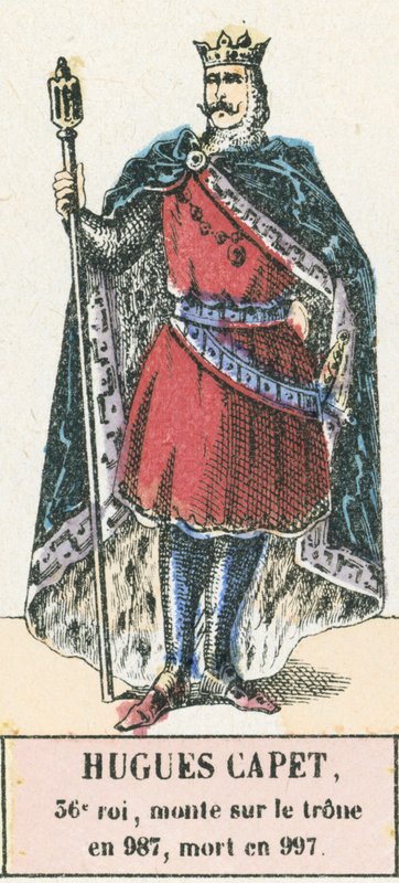 Hugues Capet, 36 król, wstąpił na tron ​​w 987, zmarł w 997 (kolorowa rycina) autorstwa French School